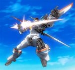  beam_saber d-1 holding holding_sword holding_weapon kikou_senki_dragonar looking_up mecha mechanical_wings no_humans platin_(alios) pointing science_fiction sky solo sword weapon wings yellow_eyes 