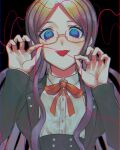  1girl bangs bbjj_927 blue_border blue_eyes blue_hair border breasts commentary_request crazy_eyes dangan_ronpa_(series) dangan_ronpa_v3:_killing_harmony double-breasted glasses hands_up heart heart_of_string highres holding jacket large_breasts long_hair long_sleeves looking_at_viewer open_mouth parted_bangs red_border red_ribbon ribbon semi-rimless_eyewear shirogane_tsumugi shirt skirt smile solo string string_of_fate tongue tongue_out upper_body white_shirt 
