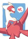  1girl blue_background blush border claws commentary_request dragon gen_3_pokemon half-closed_eyes hand_on_own_chest happy heart heart_in_eye highres ino_(tellu0120) latias legendary_pokemon looking_down motion_lines no_humans open_mouth outside_border pokemon pokemon_(creature) shiny shiny_skin sideways_mouth simple_background smile solo speech_bubble spoken_heart sweat symbol_in_eye white_border yellow_eyes 