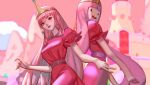  2girls adventure_time bangs blunt_bangs breasts castle collared_dress colored_skin crown dress long_hair looking_at_viewer medium_breasts multiple_girls multiple_persona pink_dress pink_eyes pink_hair pink_skin princess_bonnibel_bubblegum puffy_short_sleeves puffy_sleeves sen_baek short_sleeves smile very_long_hair 