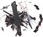  1girl animal_ears azur_lane black_cape black_gloves black_legwear blue_eyes burnt_clothes cape fingerless_gloves flight_deck gloves highres hiryuu_meta_(azur_lane) long_hair looking_at_viewer official_art open_mouth pleated_skirt rabbit_ears rigging skirt smile solo sword thigh-highs transparent_background very_long_hair weapon white_hair white_skirt xiao_(ye_yiaoxi) 
