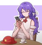  1girl bare_shoulders chair closed_eyes cup detached_sleeves dolls_in_pseudo_paradise english_commentary flat_cap hat highres label_girl_(dipp) long_hair mata_(matasoup) phone purple_background purple_hair red_ribbon ribbon screen_light shirt simple_background sitting smile solo star_(symbol) table tea teacup touhou vest white_background white_ribbon white_shirt white_vest 