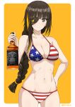  1girl absurdres alcohol alternate_costume american_flag_bikini bikini black_hair blonde_hair bottle braid breasts cowboy_shot eyepatch flag_print girls_frontline grey_eyes highres holding holding_bottle inoshira jack_daniel&#039;s long_braid long_hair m16a1_(girls_frontline) medium_breasts multicolored_hair navel print_bikini print_swimsuit scar scar_across_eye single_braid solo standing streaked_hair swimsuit whiskey yellow_background 