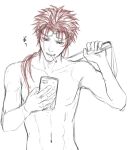  1boy bangs cellphone cigarette collarbone commentary_request final_fantasy final_fantasy_vii goggles goggles_on_head headband highres holding limited_palette male_focus mondi_hl monochrome mouth_hold navel over_shoulder phone reno_(ff7) shirtless sketch solo translation_request upper_body weapon weapon_over_shoulder 