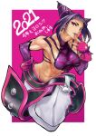  1girl 2021 abs baggy_pants belt biceps black_hair bokkusu border bracelet breasts chinese_clothes commentary_request detached_sleeves drill_hair dudou finger_licking fingerless_gloves gloves han_juri jewelry large_breasts licking multiple_belts muscular muscular_female outside_border pants pink_background short_hair sideboob solo spiked_bracelet spikes street_fighter street_fighter_iv_(series) tongue tongue_out twin_drills upper_teeth violet_eyes white_border 