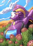  1girl autobot cactus clouds cosmicdanger desert english_commentary looking_up mecha nautica no_humans parted_lips purple_lips sky solo the_transformers_(idw) transformers upper_body 