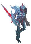  1boy absurdres armor blue_eyes catball1994 highres holding holding_sword holding_weapon horns kamen_rider kamen_rider_saber kamen_rider_saber_(series) kamen_rider_saber_primitive_dragon_brave_dragon looking_to_the_side single_horn solo sword tokusatsu weapon white_background 