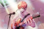  1boy copyright_name english_commentary given hair_over_one_eye highres holding holding_instrument indoors instrument male_focus microphone microphone_stand music orange_eyes orange_hair playing_instrument satou_mafuyu shirt short_hair singing solo standing sweat takamizawa_usui upper_body white_shirt 