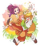  2girls animal_ears arms_up bracelet character_request choker dated fang fox_ears fox_girl fox_tail full_moon highres jewelry long_hair long_sleeves looking_at_viewer moon multiple_girls open_mouth pants ponytail purple_hair red_pants ruoshui_(the_legend_of_luoxiaohei) shirt shoes smile tail the_legend_of_luo_xiaohei violet_eyes vox white_shirt 