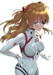  1girl absurdres blue_eyes blush brown_hair covered_navel cowboy_shot evangelion:_3.0+1.0_thrice_upon_a_time eyepatch from_side hand_on_hip highres interface_headset long_hair looking_at_viewer neon_genesis_evangelion plugsuit rebuild_of_evangelion solo souryuu_asuka_langley umirororo white_background 