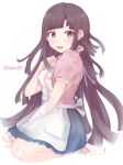  1girl a_po_(liuxiaobo0413) apron bandaged_arm bandaged_leg bandages bandaid bandaid_on_knee bangs between_legs black_hair blunt_bangs blush breasts brown_eyes commentary_request dangan_ronpa_(series) dangan_ronpa_2:_goodbye_despair embarrassed eyebrows_visible_through_hair from_side full_body hand_between_legs highres long_hair looking_at_viewer mole mole_under_eye nurse open_mouth pleated_skirt puffy_short_sleeves puffy_sleeves purple_hair seiza shiny shiny_hair short_sleeves simple_background sitting skirt solo tearing_up tears tsumiki_mikan violet_eyes white_apron white_background 