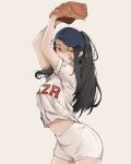  1girl bandaid bandaid_on_face baseball_cap baseball_mitt baseball_uniform black_hair brown_eyes dczrart hat highres long_hair looking_at_viewer midriff miko_(dczr) navel original shiny shiny_hair shirt short_sleeves shorts sidelocks simple_background solo sportswear standing sweatband very_long_hair wavy_hair 