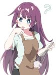  1girl ? absurdres alternate_costume apron bakemonogatari bangs blue_shirt blush brown_apron collarbone commentary cowboy_shot eyebrows_visible_through_hair finger_licking hand_up highres holding holding_whisk kuroiwa_brs licking long_hair monogatari_(series) purple_hair raised_eyebrow senjougahara_hitagi shiny shiny_hair shirt short_sleeves sidelocks simple_background solo tongue tongue_out very_long_hair whisk white_background 