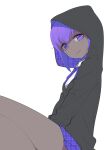  1girl black_hoodie blush bow bowtie commentary dark_skin dark-skinned_female eyebrows_visible_through_hair fate/grand_order fate_(series) feet_out_of_frame from_side hassan_of_serenity_(fate) head_tilt hood hood_up hoodie light_smile long_sleeves looking_at_viewer looking_to_the_side miniskirt no_pupils peaceyj plaid plaid_bow plaid_neckwear plaid_skirt purple_hair purple_neckwear shirt simple_background skirt solo two-sided_hoodie unmoving_pattern violet_eyes white_background white_shirt zipper 