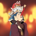  2boys blue_hair blurry blurry_background blush carrying closed_eyes eyebrows_visible_through_hair food green_eyes hat highres long_hair luoxiaohei multiple_boys okada_(okada_zari) open_mouth shoulder_carry smile the_legend_of_luo_xiaohei tongue tongue_out upper_body white_hair wuxian_(the_legend_of_luoxiaohei) 