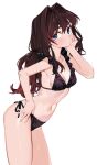  1girl armpits bare_arms bare_shoulders bikini black_bikini blue_eyes breasts brown_hair closed_mouth contrapposto cowboy_shot elisia_valfelto frilled_bikini frills groin hair_intakes hand_on_hip hand_on_own_chin long_hair looking_at_viewer low_twintails luicent navel original side-tie_bikini simple_background small_breasts solo standing stomach string_bikini swimsuit thighs twintails white_background 