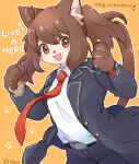  1girl :3 :d animal_ear_fluff animal_ears animal_nose artist_name belt blush breasts cat cat_ears cat_girl cat_tail character_request copyright_name furry live_a_hero long_hair looking_at_viewer medium_breasts necktie open_mouth orange_background paw_print red_eyes red_neckwear simple_background smile solo summon_lw tail translation_request two-tone_fur yellow_background 
