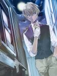  1boy amuro_tooru bangs black_vest blonde_hair blue_eyes brown_pants building buttons closed_mouth clouds cloudy_sky collared_shirt commentary_request cowboy_shot dreaming182 full_moon gloves hair_between_eyes hand_in_pocket hand_up highres looking_at_viewer male_focus meitantei_conan moon night night_sky outdoors pants shirt short_hair short_sleeves sky smile solo standing star_(sky) starry_sky vest white_gloves white_shirt 