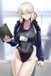  1girl artoria_pendragon_(all) bangs black_jacket black_swimsuit blonde_hair blush breasts clipboard collarbone covered_navel fate/stay_night fate_(series) gachou highleg highleg_swimsuit highres jacket large_breasts long_hair long_sleeves looking_at_viewer low_ponytail one-piece_swimsuit open_clothes open_jacket open_mouth saber_alter smile swimsuit thighs translation_request yellow_eyes 
