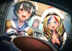  3girls akagi_(kancolle) bandana bangs black_hair blonde_hair blue_eyes blue_hair blurry bowl chocolate commandant_teste_(kancolle) commentary_request depth_of_field double-breasted hair_flaps hair_ornament hairclip headgear jingei_(kantai_collection) kantai_collection long_hair low_ponytail multicolored_hair multiple_girls oven pom_pom_(clothes) red_eyes redhead scarf streaked_hair swept_bangs unowen upper_body wavy_hair white_hair white_headwear 