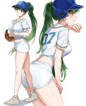  1girl absurdres alternate_costume ass baseball baseball_cap baseball_helmet baseball_mitt baseball_uniform blush breasts fire_emblem green_eyes green_hair hat helmet highres large_breasts legs long_hair looking_at_viewer lyn_(fire_emblem) midriff multiple_views navel ormille ponytail shirt shorts solo sportswear sweat thighs very_long_hair white_background white_shirt white_shorts 