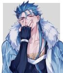  1boy bespectacled blue_hair bracelet cape collarbone cu_chulainn_(fate)_(all) cu_chulainn_(fate/grand_order) earrings elbow_gloves fate/grand_order fate_(series) fingerless_gloves fur-trimmed_hood fur_trim glasses gloves hand_on_own_face hood hood_down hooded_cape jewelry long_hair looking_at_viewer male_focus multiple_piercings red_eyes simple_background skin_tight solo spiky_hair x-r5xxxlove 