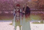  2boys abs armor bangs belt black_pants brown_kimono closed_mouth collarbone emiya_shirou facial_hair fate/grand_order fate_(series) feet_out_of_frame grin hakama haori highres holding holding_sword holding_weapon igote japanese_armor japanese_clothes katana kimono long_sleeves looking_at_viewer male_focus multiple_boys old old_man outdoors over_shoulder pants pectorals photo_background redhead sengo_muramasa_(fate) sheath sheathed short_hair smile standing stubble suneate sword tree weapon white_belt white_hair wide_sleeves yagyuu_munenori_(fate) yellow_eyes yorunue_ro 