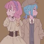  2girls aikatsu!_(series) aikatsu_friends! bangs black_choker black_sweater blue_bow blue_hair blunt_bangs blush bow braid brown_background brown_corset brown_eyes brown_headwear brown_jacket brown_neckwear cabbie_hat choker collarbone collared_jacket collared_shirt dress eyebrows_visible_through_hair flat_color french_braid gradient_hair hair_over_shoulder hairband hand_up hands_in_pockets hat highres jacket kaoryu-kun limited_palette long_hair long_sleeves looking_away looking_to_the_side minato_mio multicolored_hair multicolored_hairband multiple_girls necktie open_clothes open_jacket orange_hair pink_hair polka_dot_hairband puffy_sleeves purple_hair purple_hairband shiny shiny_hair shiny_skin shirt short_twintails sidelocks simple_background sweater twin_braids twintails upper_body violet_eyes white_dress white_shirt yellow_hairband yuri yuuki_aine 