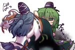  2girls anger_vein bangs blue_skirt dress dress_lift frilled_skirt frills green_dress green_eyes green_hair green_ribbon grey_hair hair_between_eyes hat japanese_clothes kariginu long_sleeves looking_at_viewer medium_hair mononobe_no_futo motion_blur multiple_girls ofuda_on_clothes ponytail red_ribbon ribbon ribbon-trimmed_sleeves ribbon_trim short_hair skirt soga_no_tojiko tate_eboshi touhou unime_seaflower v-shaped_eyebrows white_ribbon wide_sleeves 