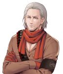  1boy armband bandolier beard blue_hair crossed_arms facial_hair furrowed_eyebrows gloves grey_hair lunarclinic male_focus metal_gear_(series) metal_gear_solid_v mullet partially_unbuttoned red_gloves red_scarf revolver_ocelot scarf simple_background solo sweat upper_body white_background 