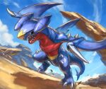  black_sclera claws clouds colored_sclera commentary_request day garchomp gen_4_pokemon nasuno_posi no_humans open_mouth outdoors pokemon pokemon_(creature) sharp_teeth shiny sky solo spikes teeth tongue yellow_eyes 