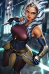  1girl ahsoka_tano alien blue_eyes blurry blurry_background colored_skin energy_sword facial_tattoo highres holding jedi lightsaber linea_alba looking_at_viewer neoartcore orange_skin parted_lips solo star_wars star_wars:_the_clone_wars sword tattoo tentacle_hair togruta weapon 