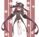  1girl absurdres barefoot black_headwear blush brown_hair eyebrows_visible_through_hair fang flower flower-shaped_pupils full_body genshin_impact hair_between_eyes hat highres hu_tao legs long_hair long_sleeves looking_at_viewer mmhomm open_mouth plum_blossoms qing_guanmao red_eyes skin_fang smile solo tailcoat twintails very_long_hair 