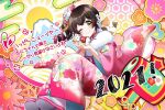  1girl black_hair blue_eyes blush d4dj kimono long_hair new_year official_art ohnaruto_muni smile wink 