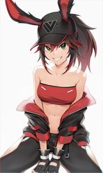  1girl animal_ears bandeau bangs bare_shoulders baseball_cap black_gloves black_hair black_headwear black_jacket black_pants breasts collarbone ears_through_headwear fingerless_gloves gloves gradient_hair green_eyes grin hair_between_eyes hat highres hip_vent indie_virtual_youtuber jacket long_hair looking_at_viewer medium_breasts multicolored_hair navel off-shoulder_jacket open_clothes open_jacket pants ponytail rabbit_ears red_jacket redhead reiji-rj simple_background sitting smile solo two-tone_jacket v_arms virtual_youtuber white_background zipper 