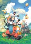  1girl 6+boys animal_ears bangs black_hair blue_sky bracelet cat_boy cat_ears cat_tail child clouds cloudy_sky coolcoolbibo double_bun eating english_commentary fengxi_(the_legend_of_luoxiaohei) food fox_ears fox_girl fox_tail fruit grass green_eyes ground_vehicle helmet highres jewelry long_hair luoxiaohei moped motor_vehicle multiple_boys nezha_(the_legend_of_luoxiaohei) orange_hair outdoors plant ruoshui_(the_legend_of_luoxiaohei) shadow sky tail the_legend_of_luo_xiaohei waving white_hair wuxian_(the_legend_of_luoxiaohei) 