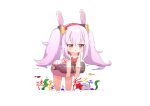  1girl :o ame. animal animal_ears azur_lane bangs bare_arms bare_shoulders blush bottle chibi commentary_request coral dress_swimsuit eyebrows_visible_through_hair fake_animal_ears fish full_body hair_between_eyes hairband laffey_(azur_lane) leaning_forward long_hair looking_away parted_lips partially_submerged pink_hair rabbit_ears red_eyes red_hairband solo standing starfish transparent twintails very_long_hair water white_background 
