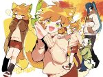  animal_ears black_hair brown_jacket cat_boy cat_ears closed_eyes drawstring eyebrows_visible_through_hair fang fox_ears fox_girl fox_tail green_eyes hands_in_pockets hands_together jacket long_hair long_sleeves looking_at_viewer luoxiaohei multiple_views open_mouth orange_hair outline ponytail profile red_skirt ruoshui_(the_legend_of_luoxiaohei) shoes short_hair skirt smile tail tan_sweater the_legend_of_luo_xiaohei vox walking white_hair white_outline wuxian_(the_legend_of_luoxiaohei) 