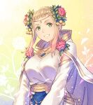  1girl alternate_costume anbe_yoshirou bangs blonde_hair breasts cape collarbone commentary_request double_bun dress fire_emblem fire_emblem_heroes floral_background flower gold_trim gradient_hair green_eyes hair_bun hair_flower hair_ornament henriette_(fire_emblem) highres jewelry leaf_hair_ornament lips looking_at_viewer medium_breasts multicolored_hair official_alternate_costume parted_lips pink_hair red_flower red_rose robe rose short_hair sidelocks signature smile solo teeth white_cape white_dress white_robe wide_sleeves yellow_flower 