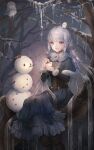  1girl :d blue_skirt fur-trimmed_sleeves fur_trim highres ice icicle long_hair long_skirt long_sleeves niwako open_mouth orange_eyes original sitting skirt smile snow snowman solo white_hair 