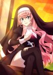  1girl black_legwear blue_eyes blush breasts crossed_legs eyebrows_visible_through_hair gem habit highres jewelry large_breasts long_hair looking_at_viewer maria_cadenzavna_eve miyumitu_rsm necklace nun open_mouth pink_hair senki_zesshou_symphogear shiny shiny_hair smile solo thigh-highs 