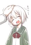  closed_eyes hand_on_another&#039;s_head highres kantai_collection long_sleeves nassukun petting school_uniform serafuku shimushu_(kantai_collection) short_hair simple_background smile white_hair 