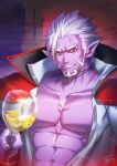  1boy beard colored_eyelashes colored_skin commentary_request cup drinking_glass facial_hair fang fang_out gilzaren_iii grin highres holding holding_cup looking_at_viewer male_focus nijisanji open_clothes open_shirt pectorals purple_skin red_eyes shirt signature silver_hair smile solo thick_eyebrows upper_body virtual_youtuber waku_(ayamix) white_shirt wine_glass 