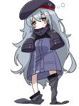  1girl absurdres bags_under_eyes bangs beret blush_stickers brown_eyes ck_(26982497) cosplay eyebrows_visible_through_hair g11_(girls_frontline) girls_frontline grey_hair hair_between_eyes hat highres hk416_(girls_frontline) hk416_(girls_frontline)_(cosplay) jacket long_hair long_sleeves loose_thighhigh messy_hair oversized_clothes sleeves_past_wrists solo thigh-highs very_long_hair white_background 