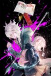  1boy 1girl artist_logo backpack bag bangs black_jacket black_pants blood blood_on_face book bottle cat_bag chain coat commentary_request cuffs dangan_ronpa_(series) dangan_ronpa_2:_goodbye_despair from_side glasses green_coat grey_hair handcuffs hood hood_down hooded_coat hooded_jacket jacket knife komaeda_nagito light_brown_hair lighter long_sleeves messy_hair miniskirt nanami_chiaki notebook open_book pants pen pink_bag pink_blood pleated_skirt polearm profile school_uniform shell_(shell518) shirt skirt sleeves_past_wrists spear spoilers thigh-highs weapon 