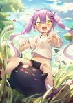  1girl bandage_on_knee bangs black_shorts blue_sky blush clouds day demon_tail english_commentary fang field flower grass green_eyes hair_between_eyes highres hololive long_hair looking_at_viewer mr.lime open_mouth outdoors pointing pointing_at_viewer purple_hair riding scrape shirt shoes short_shorts short_sleeves shorts sidelocks sky smile sneakers solo sunlight t-shirt tail tokoyami_towa tree twintails virtual_youtuber white_shirt younger 