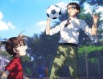  2boys :d ball bangs belt black-framed_eyewear black_belt blue_eyes blue_sky blurry blurry_background brown_eyes brown_hair casual child clouds collared_shirt commentary_request dappled_sunlight day edogawa_conan from_side glasses green_pants hands_up height_difference k_(gear_labo) kazami_yuuya looking_at_another looking_at_object male_focus meitantei_conan multiple_boys necktie open_mouth outdoors pants playing_sports purple_neckwear red_shirt shirt shirt_tucked_in short_hair short_sleeves sky sleeves_rolled_up smile soccer_ball sport standing sunlight sweatdrop tree white_shirt 
