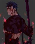  1boy automney back beads black_gloves blood blood_on_face bloody_clothes blue_hair closed_mouth cu_chulainn_(fate)_(all) cu_chulainn_alter_(fate/grand_order) dark_blue_hair dark_persona earrings elbow_gloves facepaint fate/grand_order fate_(series) from_behind gae_bolg_(fate) gloves hair_beads hair_ornament holding holding_polearm holding_weapon jewelry long_hair looking_back male_focus polearm ponytail red_eyes simple_background solo spiky_hair weapon 