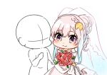  1girl 1other absurdres airani_iofifteen airani_iofifteen_(artist) blue_hair bouquet bridal_veil chibi dress english_commentary flower gradient_hair hair_bun highres holding holding_bouquet holding_hands hololive hololive_indonesia multicolored_hair palette_hair_ornament pink_hair red_flower red_rose rose side_ponytail smile template veil violet_eyes virtual_youtuber wedding_dress 