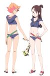  2girls amanda_o&#039;neill ass bikini blue_bikini breasts brown_hair eyebrows_visible_through_hair full_body green_eyes hand_on_hip highres kagari_atsuko little_witch_academia looking_at_viewer looking_back midriff multiple_girls navel orange_hair red_eyes sandals short_hair simple_background small_breasts standing swimsuit white_background 